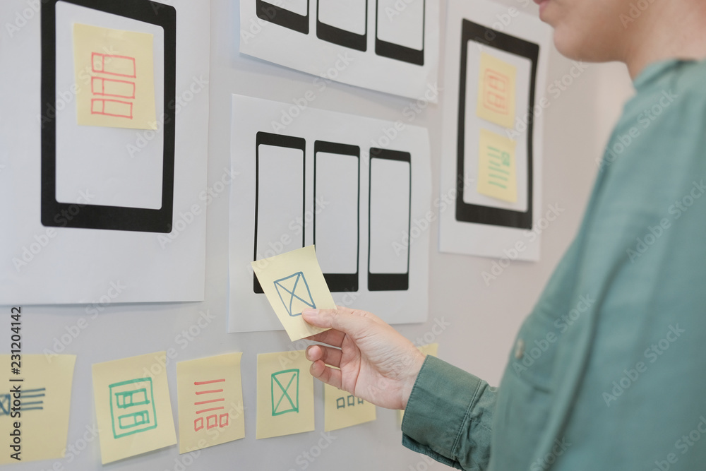 Wall mural user experience ux designer designing web on mobile phone tablet layout. ui planning mobile applicat