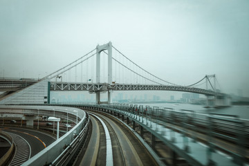 Fototapeta na wymiar Monorail on Rainbow bridge, Tokyo bay, Japan
