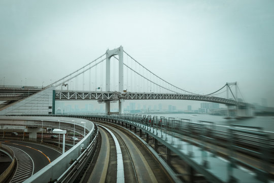 Monorail On Rainbow Bridge, Tokyo Bay, Japan