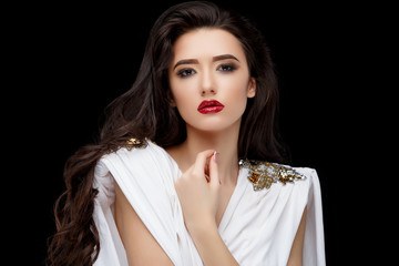 Brunette asian girl with long curly hair