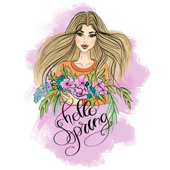 Hello Spring Quote Isolated On A White Background Girl With Flowers Hand Drawn Illustration