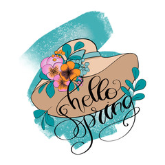 Hello Spring With Women's Hat Isolated On A White Background Hand Drawn Illustration