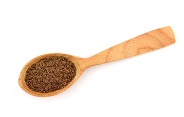 Isolated Flax Seed Heap with Spoon (Flaxseed, Linseed).