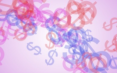 Multicolored translucent dollar signs on white background. Red tones. 3D illustration