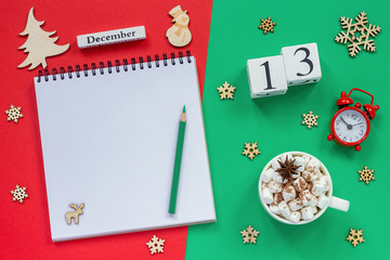 calendar December 13th cup cocoa and marshmallow, empty open notepad