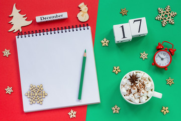 calendar December 17th cup cocoa and marshmallow, empty open notepad