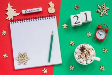 Fototapeta na wymiar calendar December 21st cup cocoa and marshmallow, empty open notepad