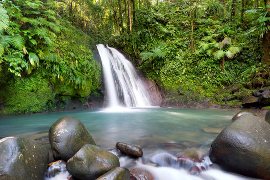 Most famous touristic site in Guadeloupe, french west indies, "cascade aux ecrevisses" (crawfishes waterfall).