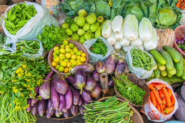 Vegetables and fresh fruits for sale at market, near Bagan, Myanmar (Burma).