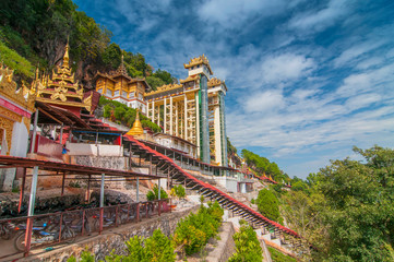 Path to the Pindaya caves, Buddhist shrine where thousands of Buddha images have been consecrated for worship over the centuries, Myanmar.