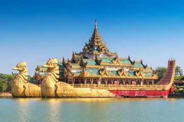 Karaweik Palace in Kandawgyi Royal Lake, Yangon, Myanmar.