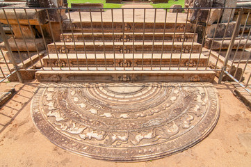 Sacred City of Anuradhapura, moonstone and stairs at the Abhayagiri Monastery, Sri Lanka, Asia.