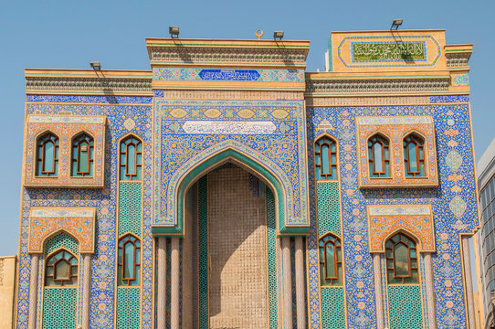 Facade with mosaic tilework of Ali bin Abi Talib Iranian Shia Mosque in Bur Dubai, the old city, United Arab Emirates.