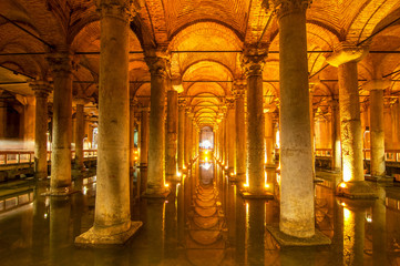 Interior of the Basilica Cistern, Yerebatan Sarayi, Istanbul Turkey. - obrazy, fototapety, plakaty