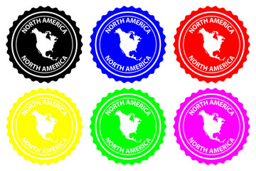 North America - rubber stamp - vector, North America continent map pattern - sticker - black, blue, green, yellow, purple and red