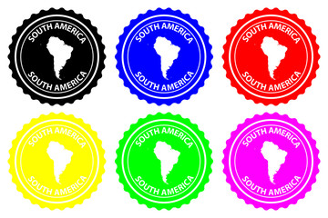 South America - rubber stamp - vector, South America continent map pattern - sticker - black, blue, green, yellow, purple and red