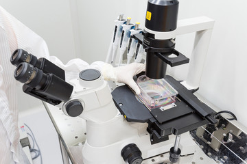 A scientist in sterile coverall gown looking cell morphology of cell culture under microscope. Doing biological research in clean environmental. Cleanroom facility