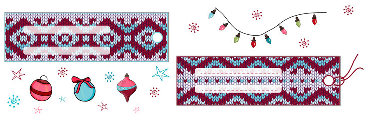 Horizontal rectangular labels with jacquard knitted ornament.