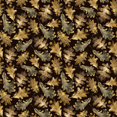 Seamless pattern with autumn golden leaves of oak. Hand drawn illustration with colored pencils. Botanical natural design for textiles, interior or some background.