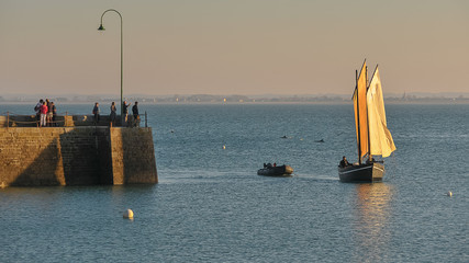 Voilier au port de Cancale avec dauphins