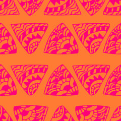 Ethnic seamless pattern of doodle pink triangles on orange background. Tribal background. Infinity hand drawn geometric wrapping paper. Vector illustration.
