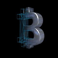 Bitcoin sign, blue grid goes to platinum or silver on a black background. 3D illustration