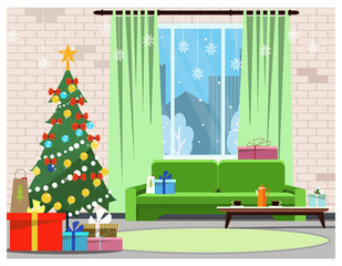 Apartment interior with decorated fir-tree, window and sofa. Room with Christmas gifts and coffee table vector illustration. Christmas Eve concept. For websites, wallpapers, posters or banners.