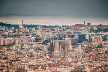 Fototapeta na wymiar Barcelona, Spain. Aerial View Of City Cityscape. Basilica And Ex