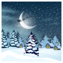 Fototapeta na wymiar Winter landscape with houses, Santa Claus in night sky and decorated fir-tree. Snowy country scene vector illustration. Christmas Eve concept. For websites, wallpapers, posters or banners.