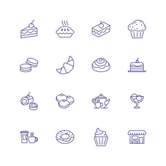Sweet food icons. Set of line icons on white background. Cafeteria, teapot, pastry. Cafe concept. Vector can be used for topics like food, menu, unhealthy eating