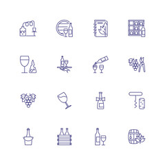 Winery icons. Set of line icons on white background. Wine bottle, brewery, barrel. Alcoholic drinks concept. Vector can be used for topics like drinks, wine production, bar