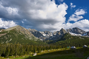 The glade with the shepherds' shacks in the High Tatras in Poland.