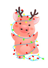 Cute pig with antlers wrapped into Christmas lights. Dancing, party, fun. Symbol of year concept. Can be used for topics like Christmas, New Year, festival