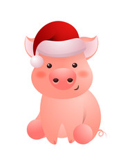 Pink pig in Santa hat character. Christmas, New Year, cap. Animal concept. Can be used for topics like festival, winter, symbol of year