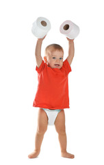 Cute toddler playing with toilet paper on white background