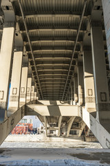 Metal bridge supporting structure. Bottom view