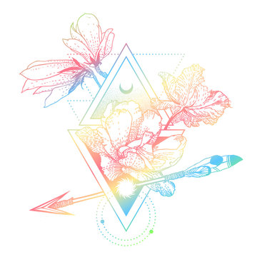Vector geometric hologram alchemy symbol with flowers, moon, sun