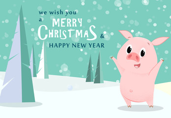Christmas and New Year greeting card design with cute pig and snowy trees in background. Template can be used for banners, posters, postcards