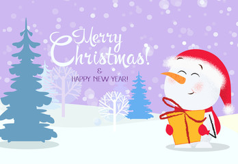 Christmas and New Year greeting card design with snowman holding gift. Snowy fir trees in background. Illustration can be used for banners, posters, postcards