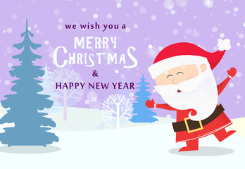 Christmas and New Year greeting card design. Dancing Santa Claus with snowy trees in background. Illustration can be used for banners, posters, postcards