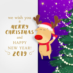 Christmas and New Year poster design. Santa reindeer and sparkling Xmas tree on dark violet background. Template can be used for banners, greetings, invitation cards