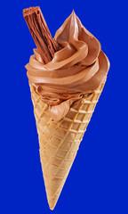 CHOCOLATE ICE CREAM CONE WITH FLAKE ON BLUE