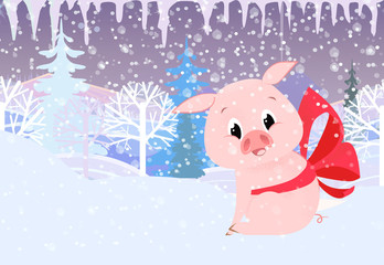 Christmas card template. Xmas pig with red bow, icicles and snowy fir trees in background. Festive design can be used for banners, posters, postcards