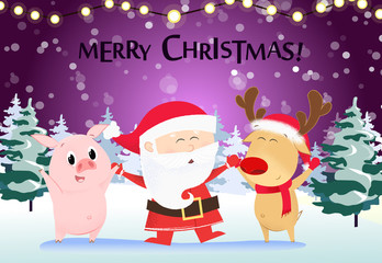 Christmas greeting card design. Cartoon pig, Santa Claus and reindeer dancing. Night snowy forest in background. Template can be used for banners, posters, postcards