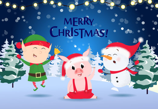 Christmas greeting card design. Cartoon elf, snowman and pig in santa hat dancing. Night snowy forest in background. Template can be used for banners, posters, postcards