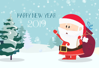 Happy New Year greeting card design with Santa Claus carrying gifts. Snowy fir trees in background. Illustration can be used for banners, posters, postcards