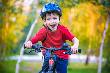 Obraz premium Happy kid boy of 6 years having fun in autumn forest with a bicycle on beautiful fall day. Active child making sports. Safety, sports, leisure with kids concept