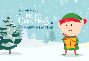 Merry Christmas greeting card design with cute elf holding gift. Snowy fir trees in background. Illustration can be used for banners, posters, postcards