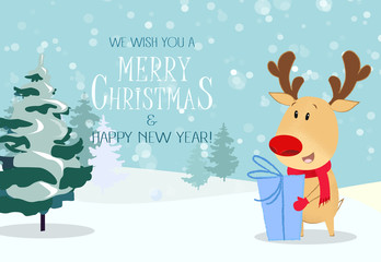 Merry Christmas greeting card design. Cute reindeer holding gift. Snowy fir trees in background. Illustration can be used for banners, posters, postcards