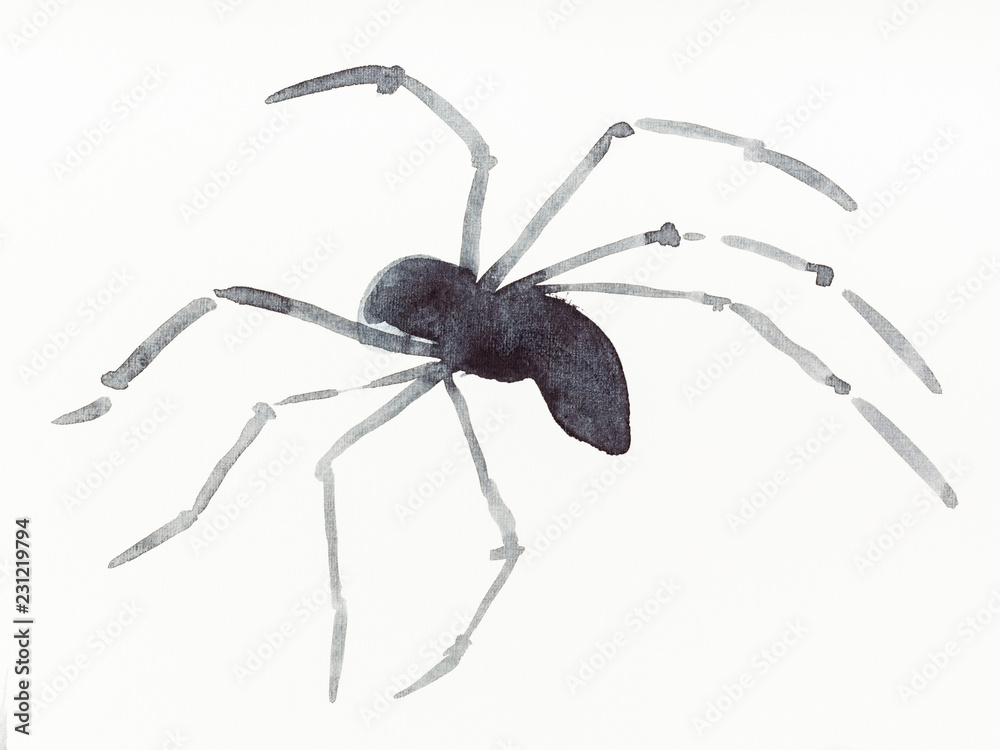 Wall mural running spider drawn by black watercolors